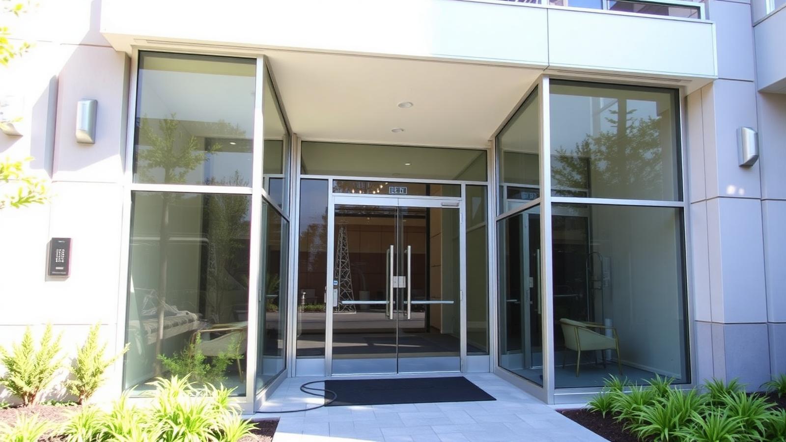 Hall de entrada de condomínio com porta de vidro dupla e portaria ao fundo