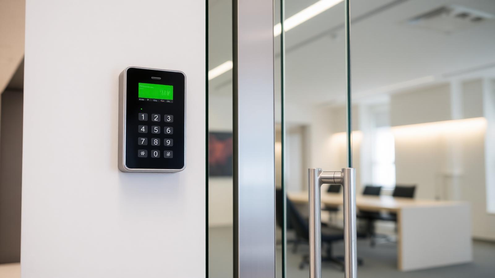 Leitor de controle de acesso instalado ao lado de porta de vidro temperado